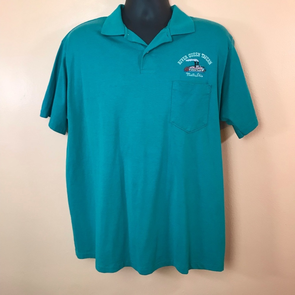 Jerzees Teal Green Pocket Polo River Queen Tavern Malta OH XL Vintage